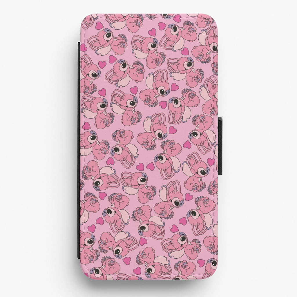 Polished Texture Love Heart Pattern - Pink Alien Flip / Wallet Phone Case
