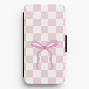 Handy Use Modern Style Checkered Coquette Bow Pink Flip / Wallet Phone Case