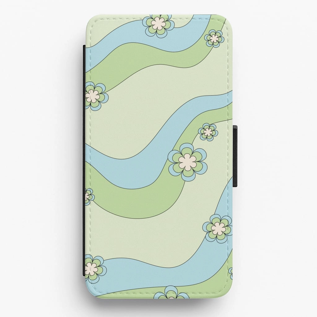 Waves And Flowers Green Retro Pattern Flip / Wallet Phone Case Classic Look Slim Fitment