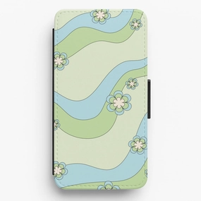 Waves And Flowers Green Retro Pattern Flip / Wallet Phone Case Classic Look Slim Fitment