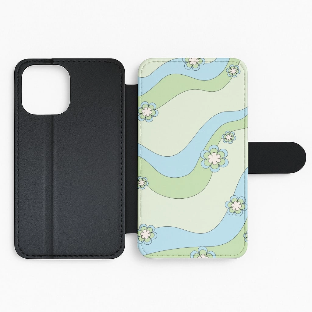 Waves And Flowers Green Retro Pattern Flip / Wallet Phone Case Modern Touch