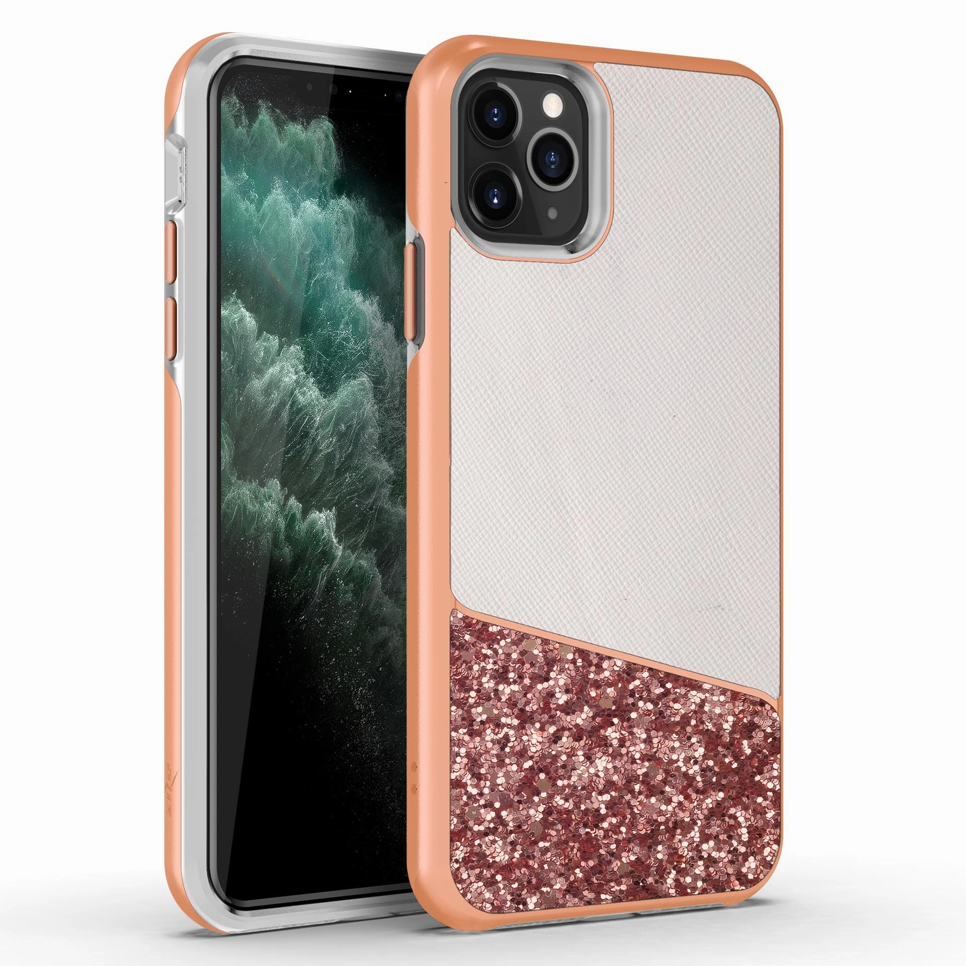 ZIZO DIVISION Series iPhone 11 Pro Max Case Wanderlust Leather   Glitter - Rose Gold Elegant Build Texture Protective Shell